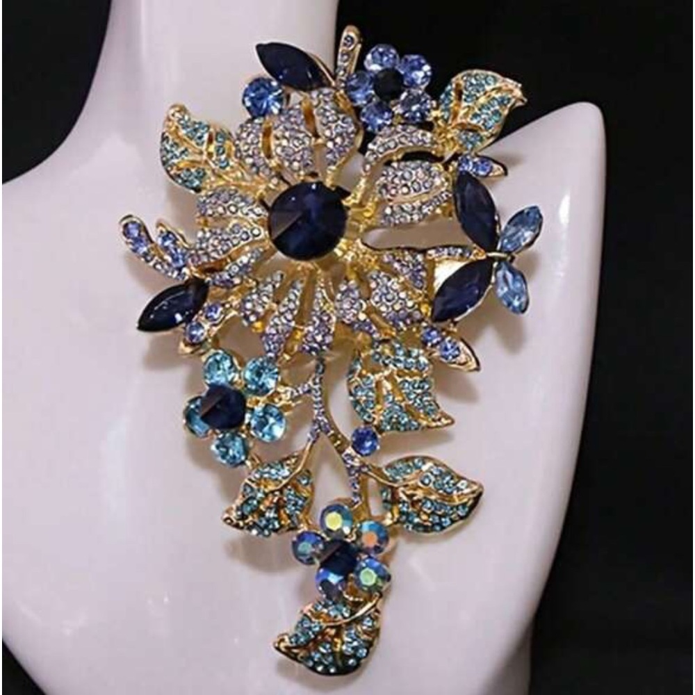 Gold-Tone Floral Brooch with Blue and Aqua Crystals